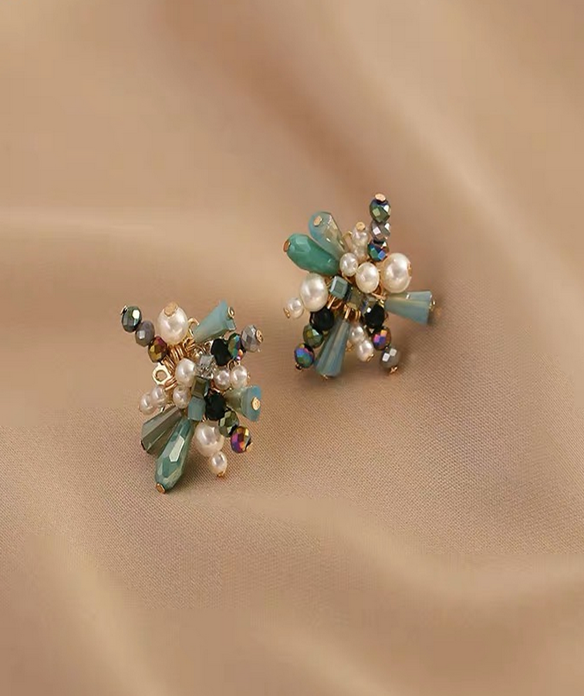 Pearl Earrings Vintage Crystal Faceted Beads Flower Stud