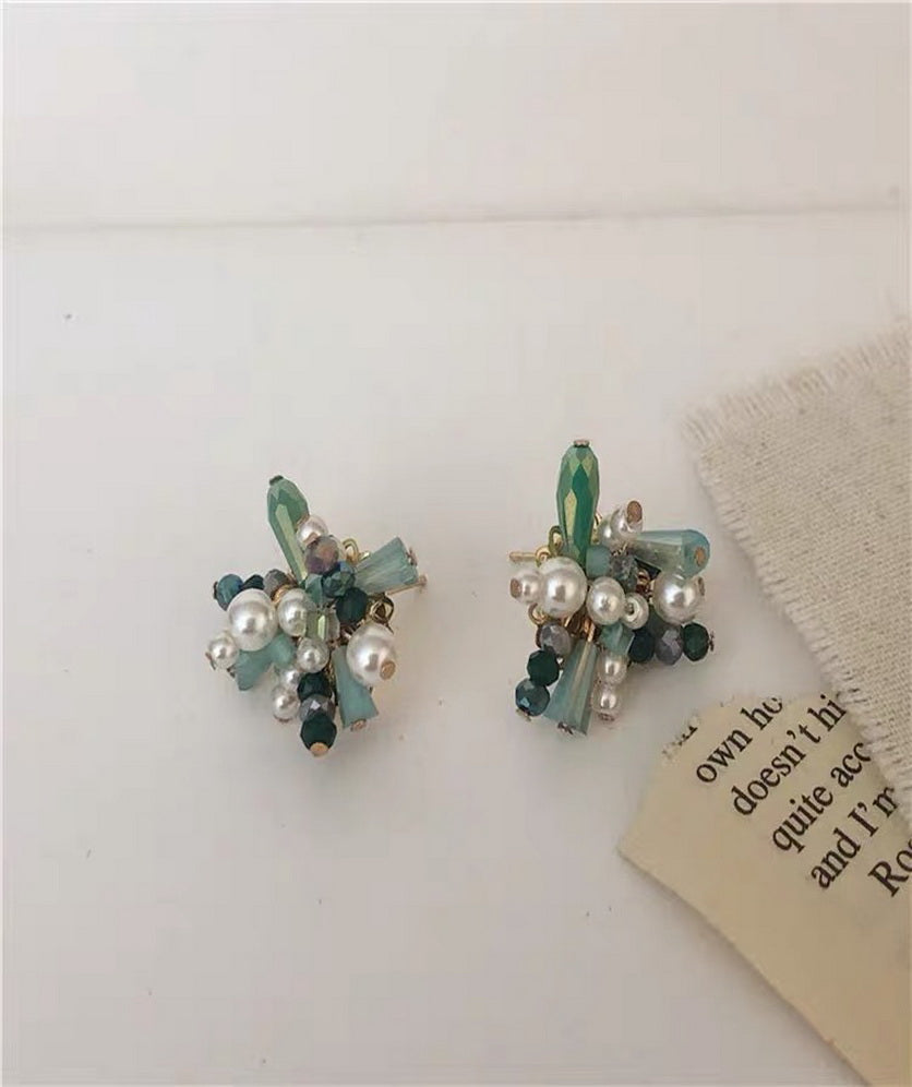 Pearl Earrings Vintage Crystal Faceted Beads Flower Stud