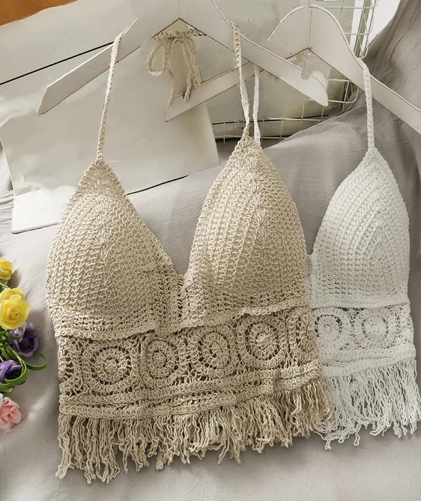 Women Crochet Crop Top Halter Bikini Cami Top Bralette Boho Hippie Tie Back Circle Tassel