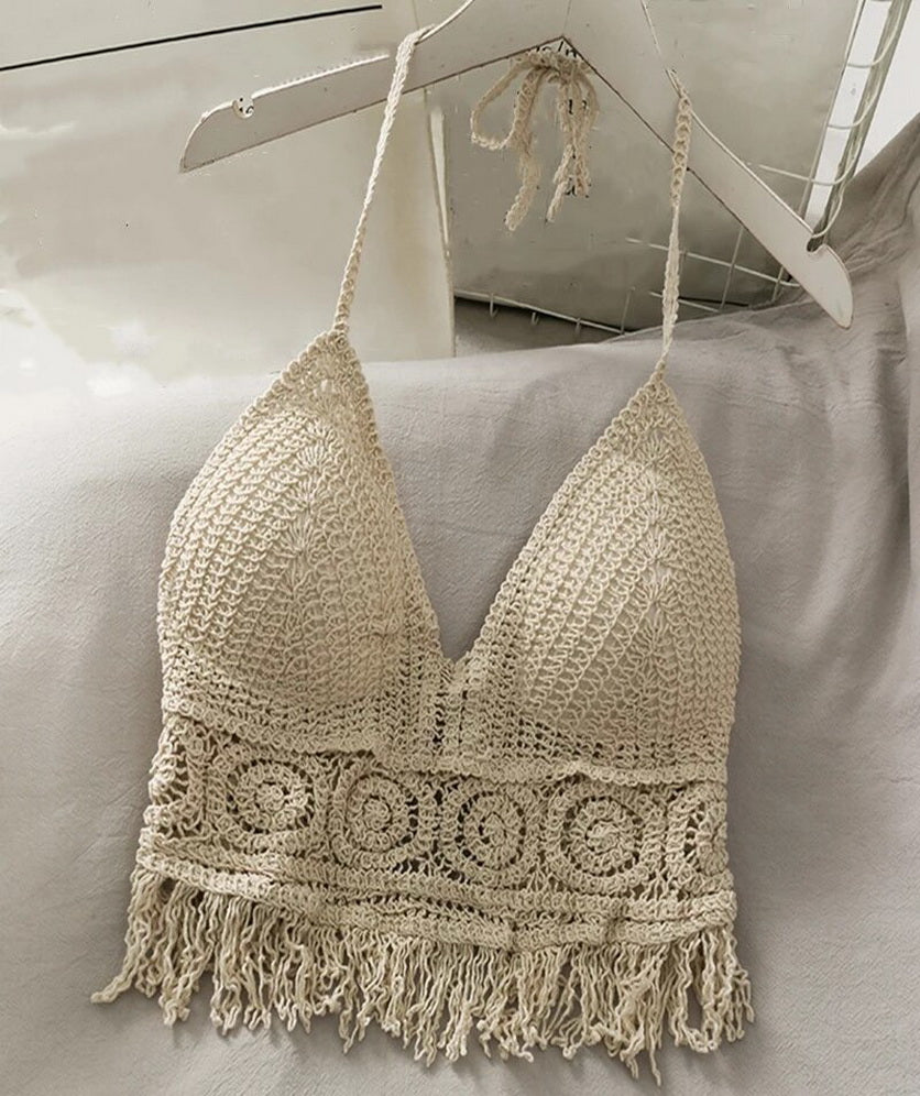 Women Crochet Crop Top Halter Bikini Cami Top Bralette Boho Hippie Tie Back Circle Tassel