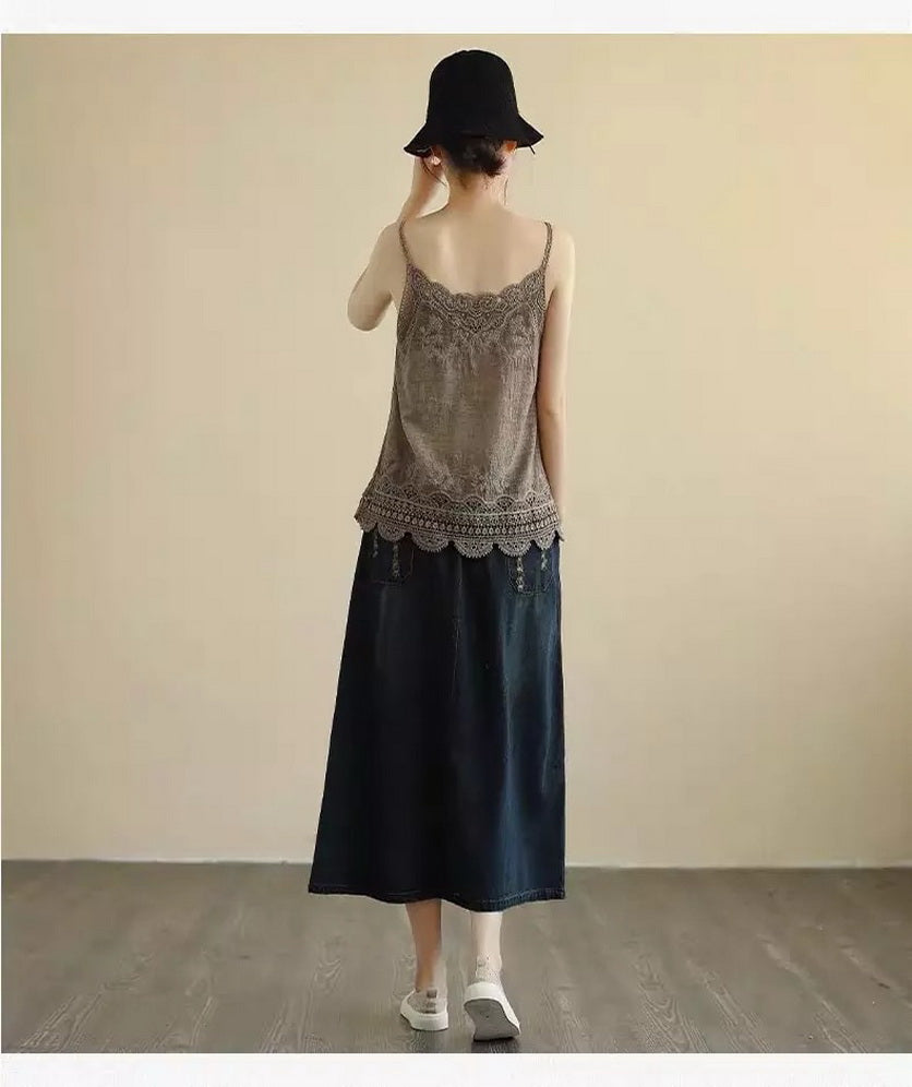 Women Sleeveless Tank Top Crochet Boho Camisole Crop Top Vintage Lace Trim