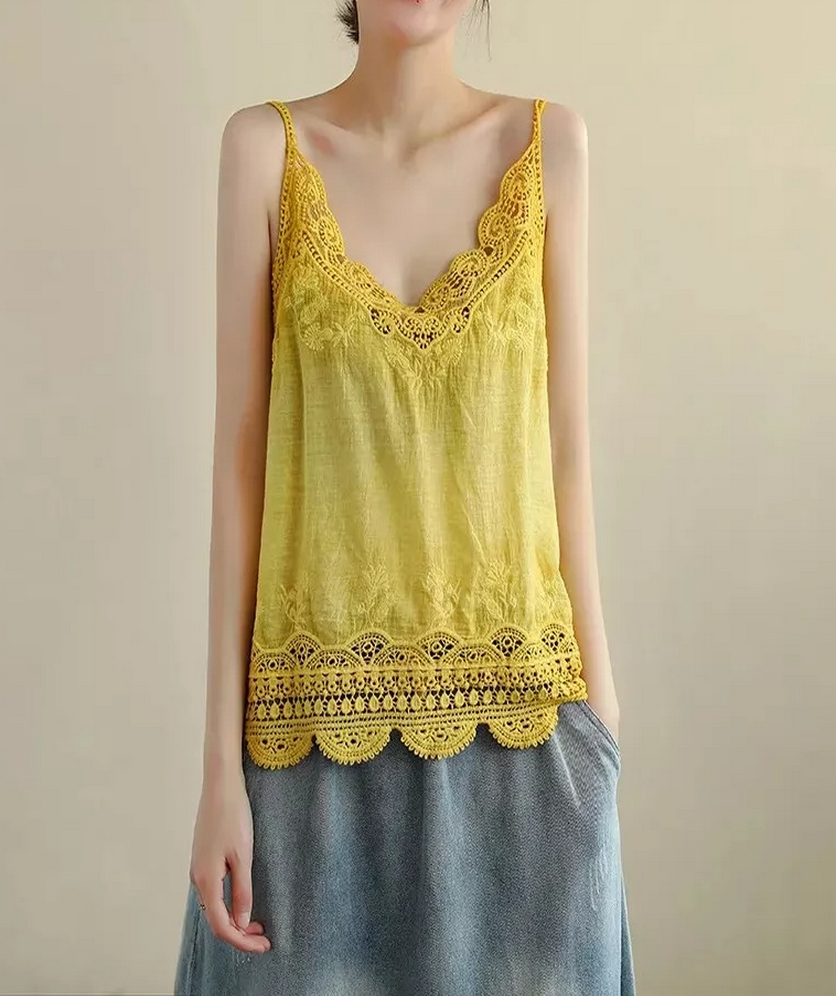 Women Sleeveless Tank Top Crochet Boho Camisole Crop Top Vintage Lace Trim