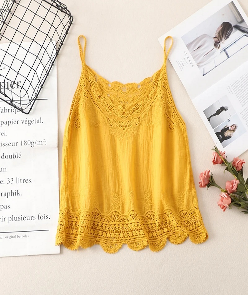 Women Sleeveless Tank Top Crochet Boho Camisole Crop Top Vintage Lace Trim