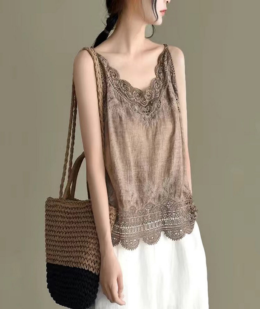 Women Sleeveless Tank Top Crochet Boho Camisole Crop Top Vintage Lace Trim
