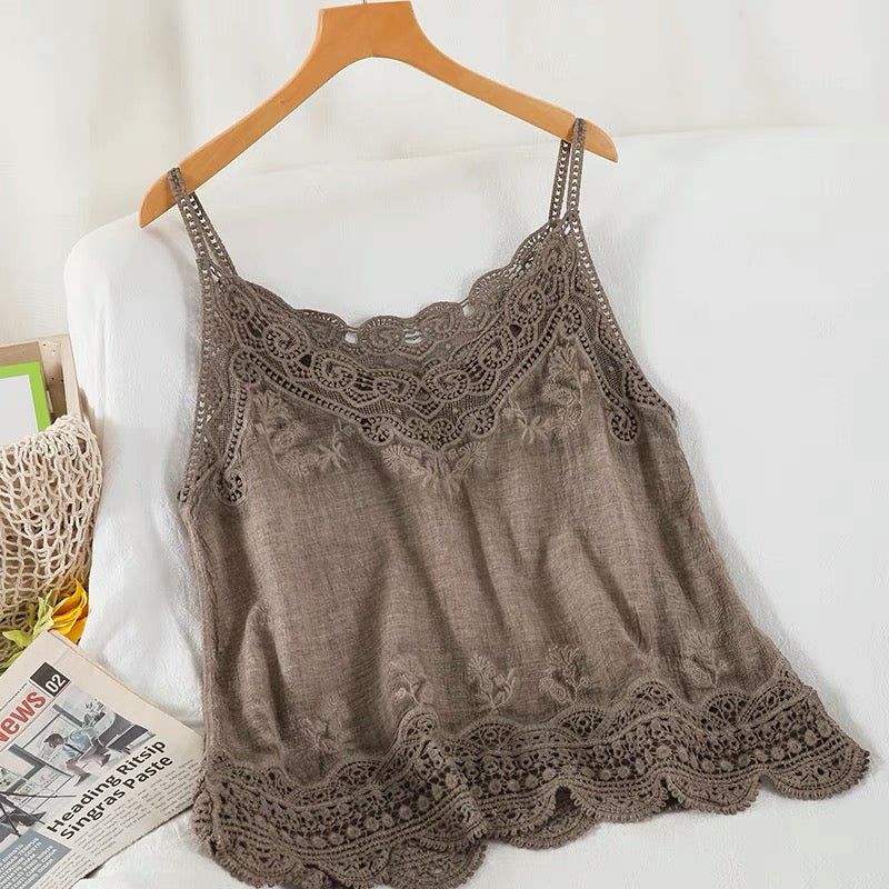Women Sleeveless Tank Top Crochet Boho Camisole Crop Top Vintage Lace Trim
