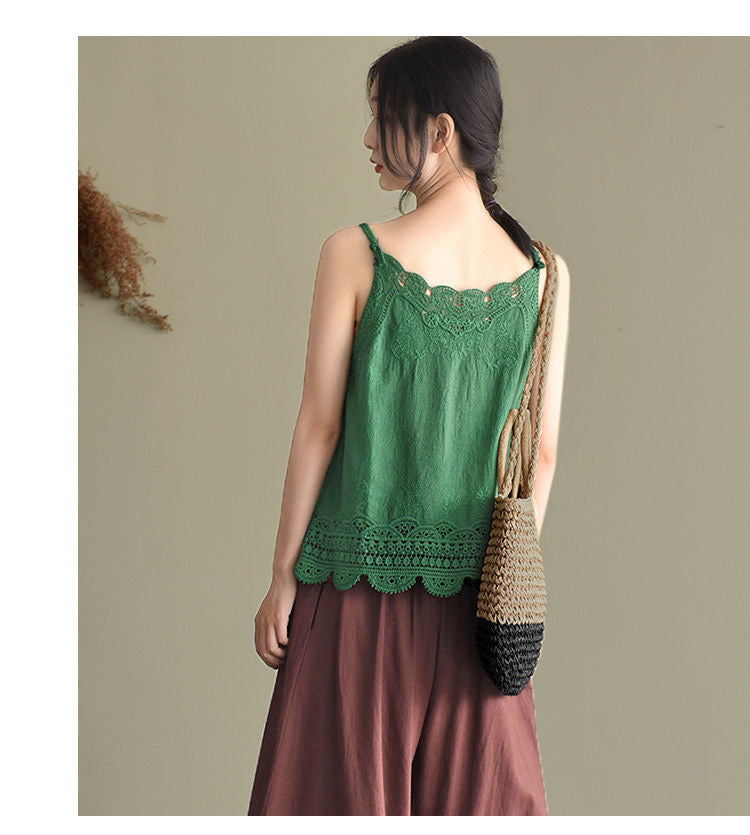 Women Sleeveless Tank Top Crochet Boho Camisole Crop Top Vintage Lace Trim