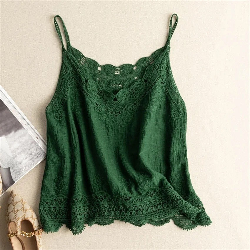 Women Sleeveless Tank Top Crochet Boho Camisole Crop Top Vintage Lace Trim