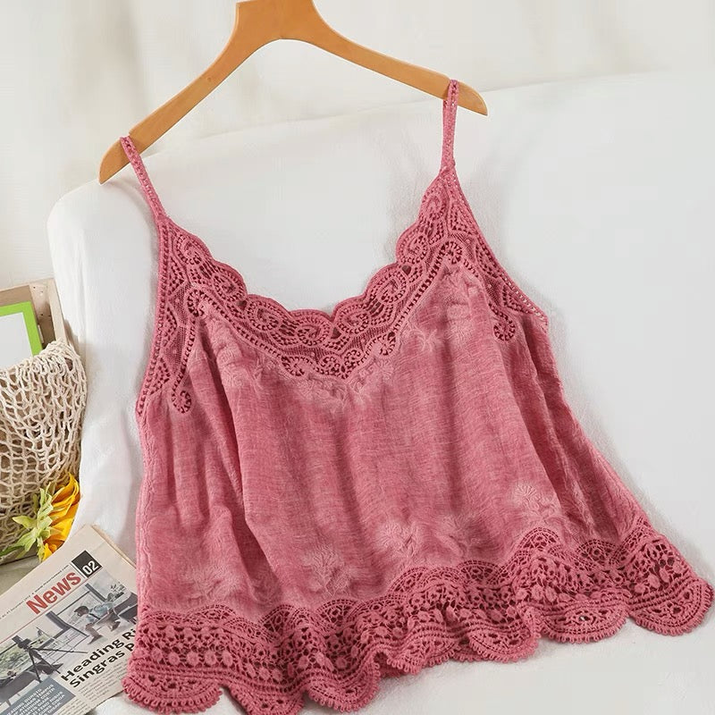 Women Sleeveless Tank Top Crochet Boho Camisole Crop Top Vintage Lace Trim
