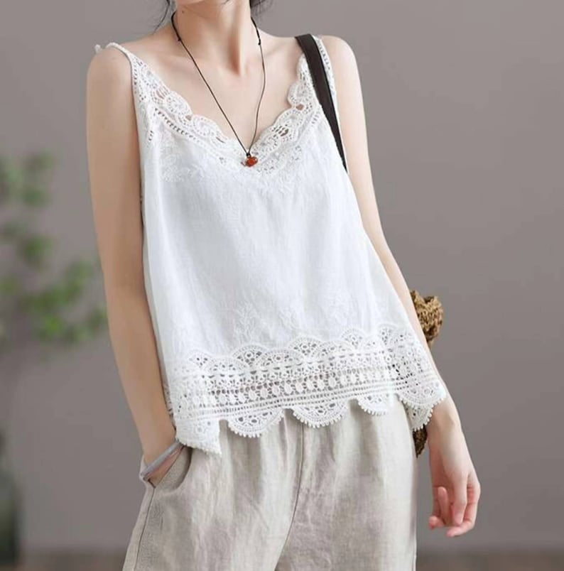 Women Sleeveless Tank Top Crochet Boho Camisole Crop Top Vintage Lace Trim