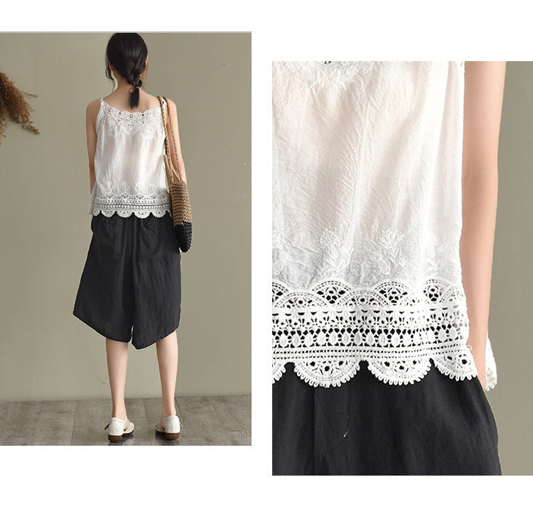 Women Sleeveless Tank Top Crochet Boho Camisole Crop Top Vintage Lace Trim
