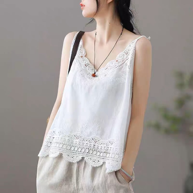 Women Sleeveless Tank Top Crochet Boho Camisole Crop Top Vintage Lace Trim