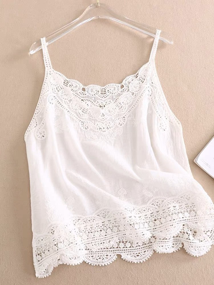 Women Sleeveless Tank Top Crochet Boho Camisole Crop Top Vintage Lace Trim