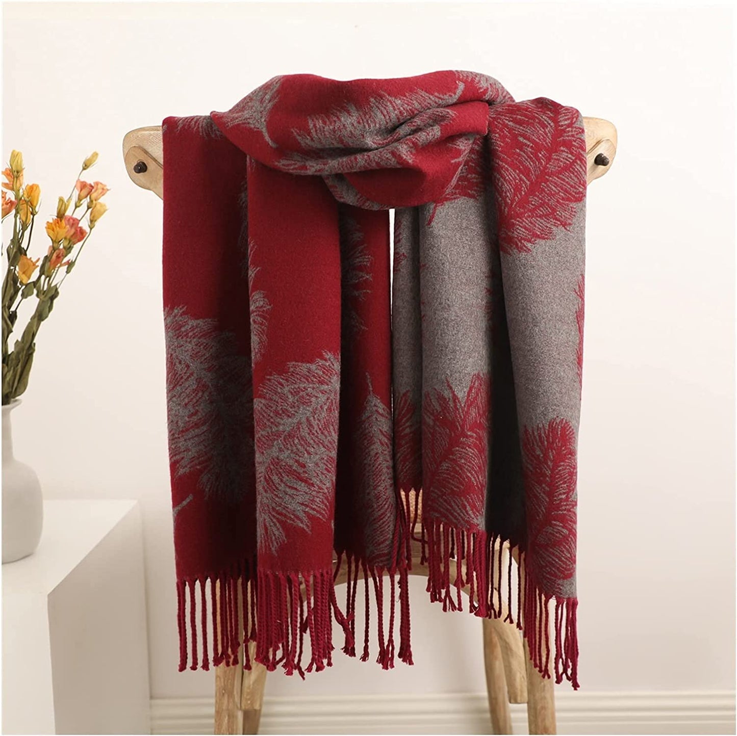Cashmere Pashmina Shawls, Winter Reversible Blanket Scarves For Women Feather