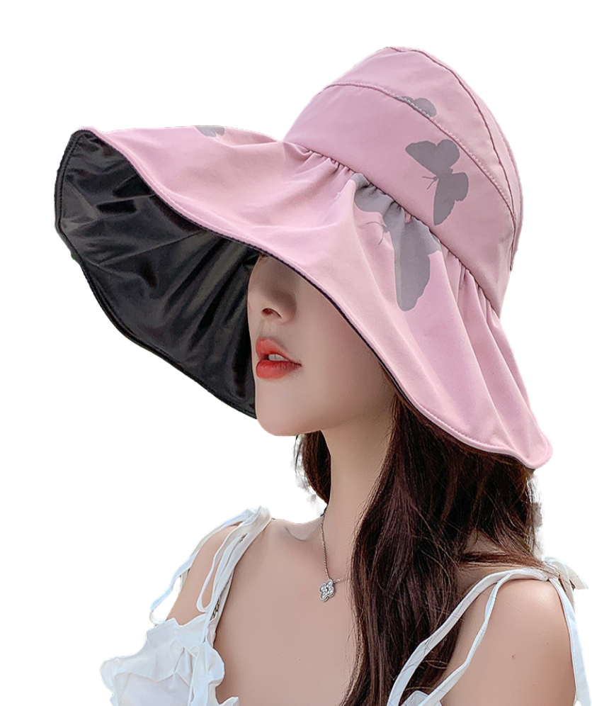 Women Wide Brim Summer Sun Hat Lightweight Foldable Beach Sun Hat for Ladies Travel Roll up Ponytail Visor Butterfly