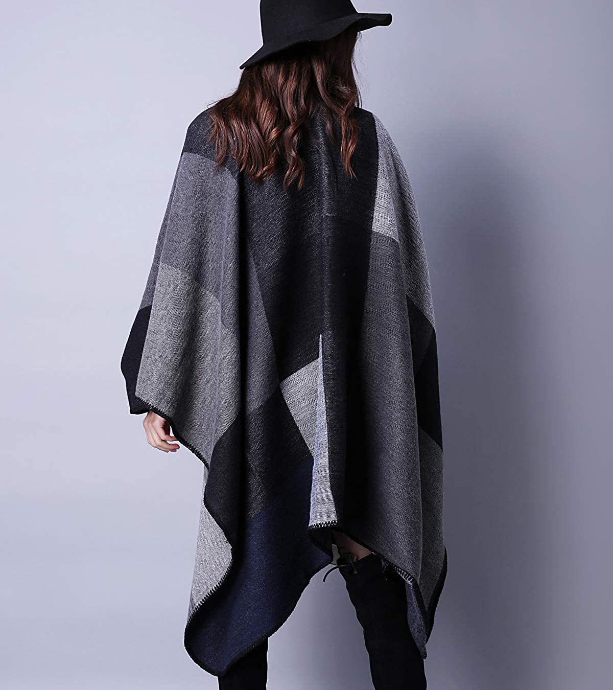 Women's Printed Shawl Wrap Open Front Poncho Cape Geometric Block