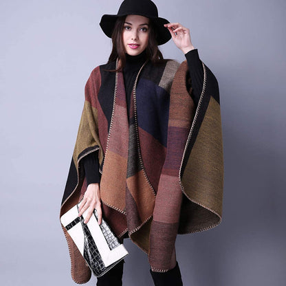 Women's Printed Shawl Wrap Open Front Poncho Cape Geometric Block