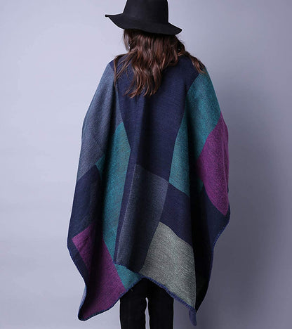 Women's Printed Shawl Wrap Open Front Poncho Cape Geometric Block