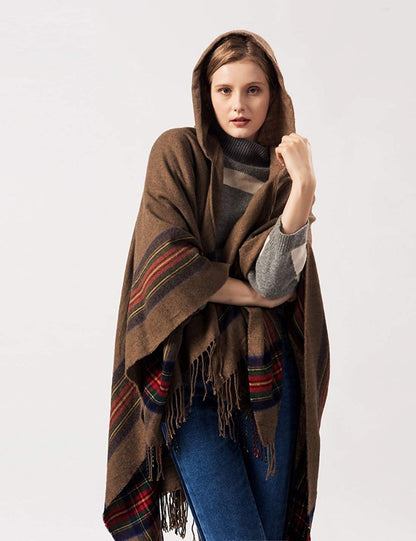 Shawl Wraps for Women Winter Plaid Shawl Cardigan Loose Open Front Poncho Capes Hooded