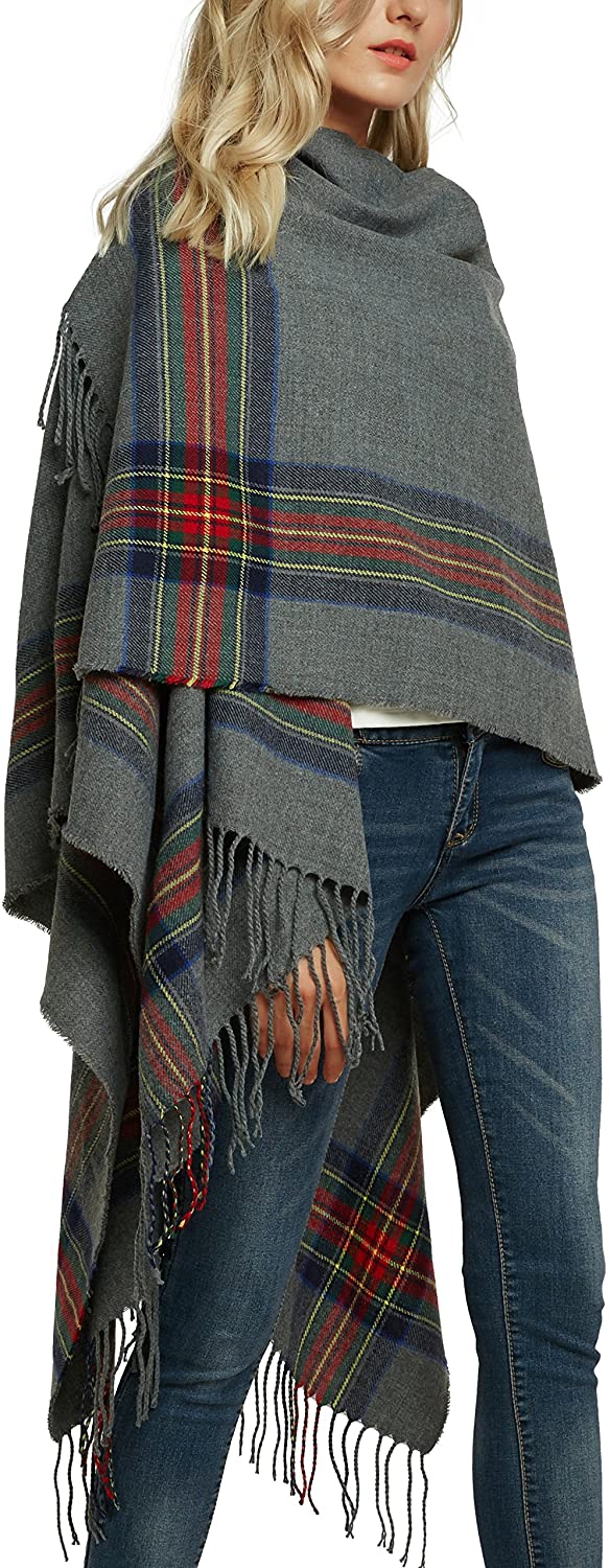 Shawl Wraps for Women Winter Plaid Shawl Cardigan Loose Open Front Poncho Capes Hooded