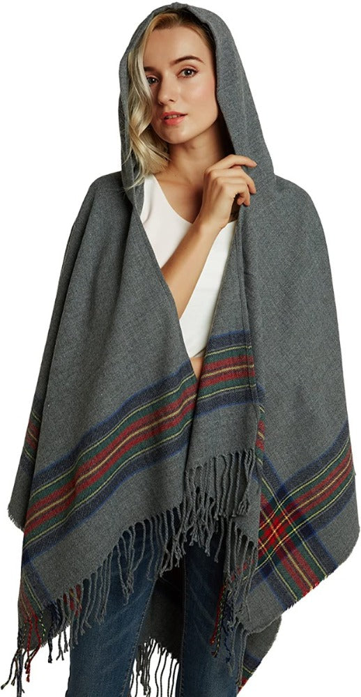 Shawl Wraps for Women Winter Plaid Shawl Cardigan Loose Open Front Poncho Capes Hooded