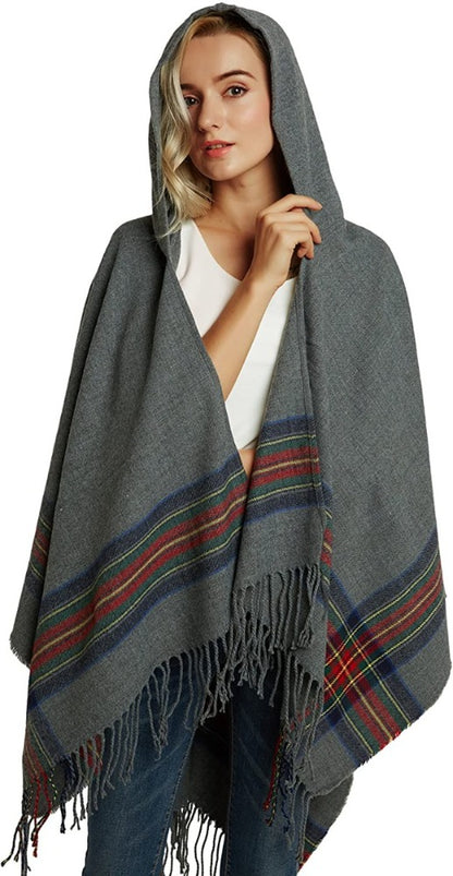 Shawl Wraps for Women Winter Plaid Shawl Cardigan Loose Open Front Poncho Capes Hooded