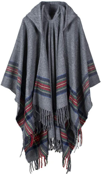 Shawl Wraps for Women Winter Plaid Shawl Cardigan Loose Open Front Poncho Capes Hooded