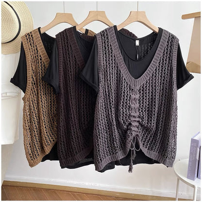 Women Sleeveless Tank Top Crochet Boho Camisole Crop Top Hollow Out Drawstring