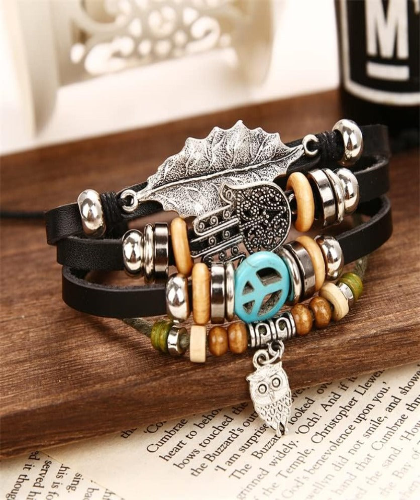 boho leather bracelet multi layer