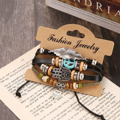 Leather Wrap Bracelet For Men and Women Dangly Owl Draw String Size Adjustable