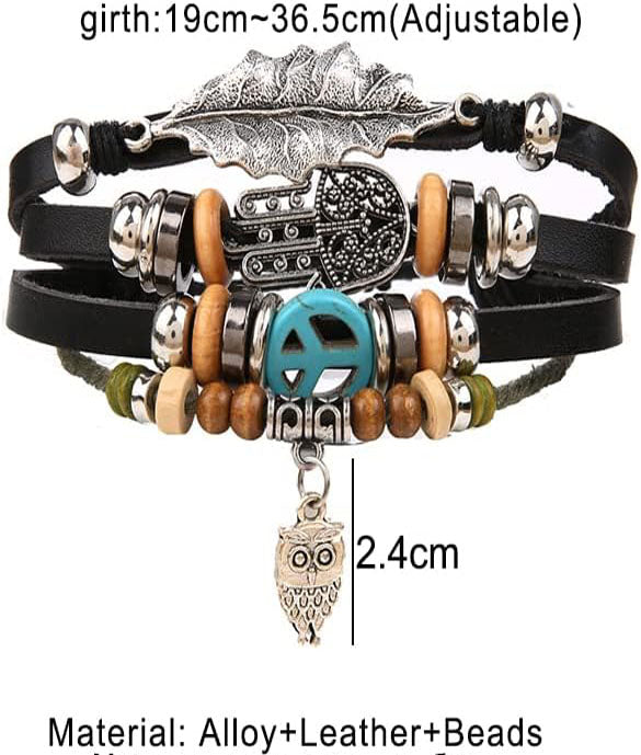 Leather Wrap Bracelet For Men and Women Dangly Owl Draw String Size Adjustable