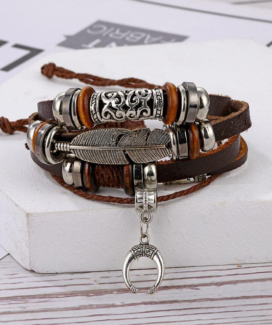 Leather Wrap Bracelet For Men and Women Feather Horse Shoe Draw String Size Adjustable