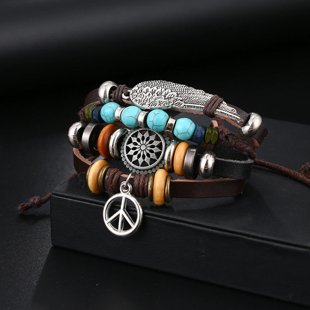 Leather Wrap Bracelet For Men and Women Dangly Peace Draw String Size Adjustable