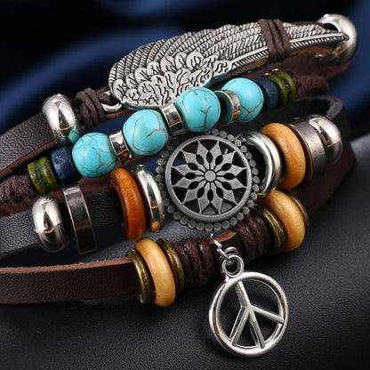 Leather Wrap Bracelet For Men and Women Dangly Peace Draw String Size Adjustable