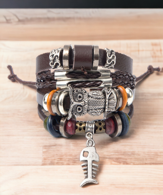 Leather Wrap Bracelet For Men and Women Owl Wood Beaded Draw String Size Adjustable