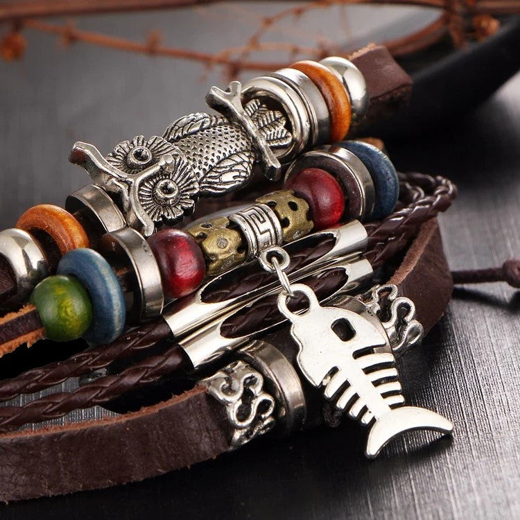 Leather Wrap Bracelet For Men and Women Owl Wood Beaded Draw String Size Adjustable