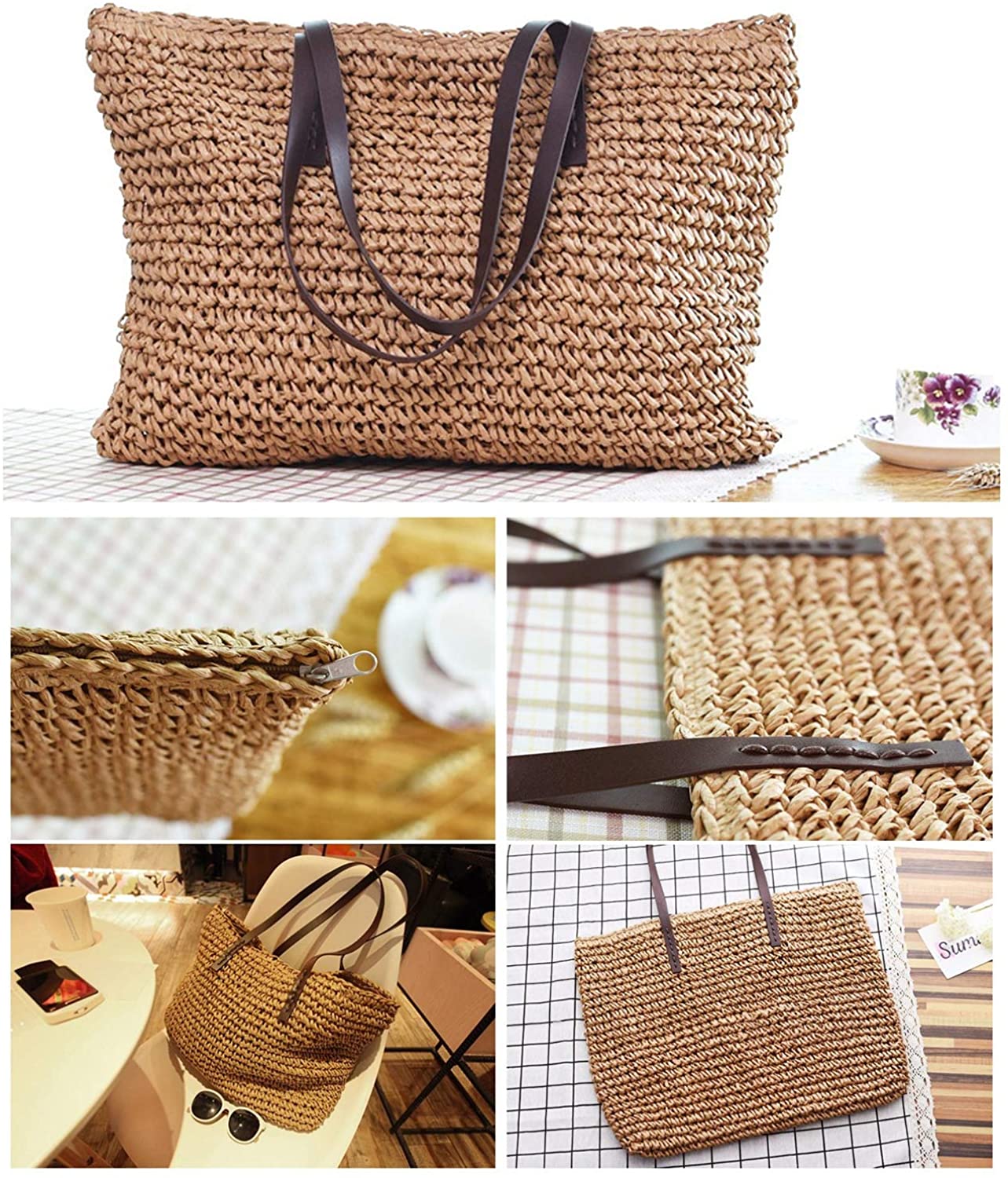 Handwoven Large Handbag Straw Tote Bag Rectangular Shape