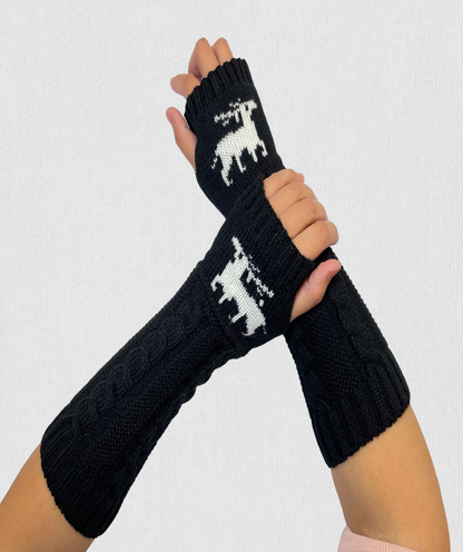 black arm warmer cable knit reindeer 