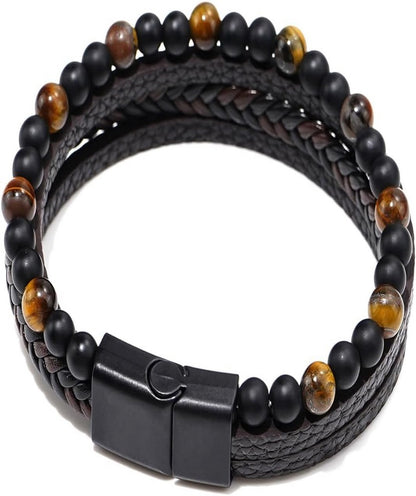 Unisex Leather Wrap Bracelet Multi Layer Wristband Braided Cuff Bangle Bracelets Wood Bead