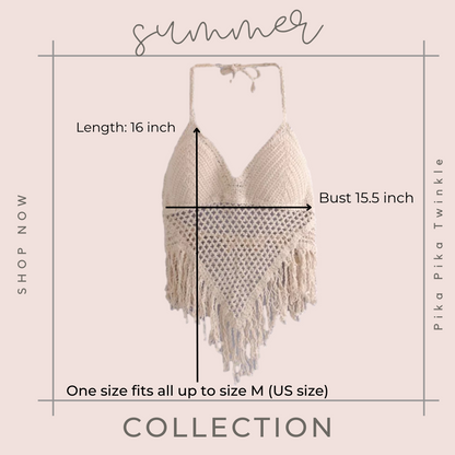 Women Crochet Crop Top Halter Bikini Cami Top Bralette Boho Hippie Tie Back Fringes