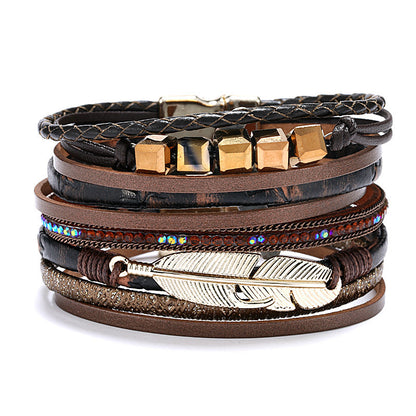 Women Leather Wrap Bracelet Multi Layer Wristband Feather Magnetic Closure