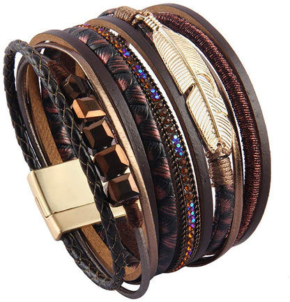 Women Leather Wrap Bracelet Multi Layer Wristband Feather Magnetic Closure