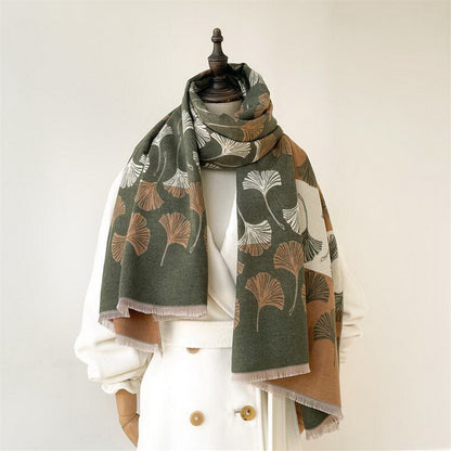 Cashmere Pashmina Scarf – Thick Winter Wrap for Women Ginkgo Leaf Print