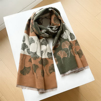 Cashmere Pashmina Scarf – Thick Winter Wrap for Women Ginkgo Leaf Print