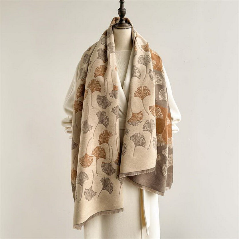 Cashmere Pashmina Scarf – Thick Winter Wrap for Women Ginkgo Leaf Print