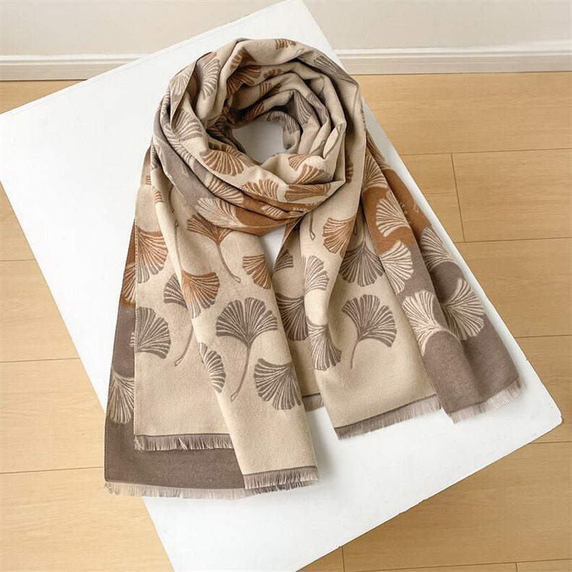 Cashmere Pashmina Scarf – Thick Winter Wrap for Women Ginkgo Leaf Print