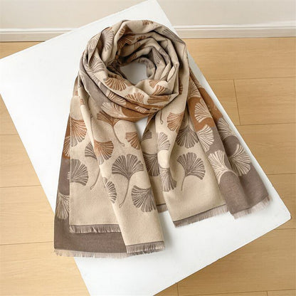 Cashmere Pashmina Scarf – Thick Winter Wrap for Women Ginkgo Leaf Print