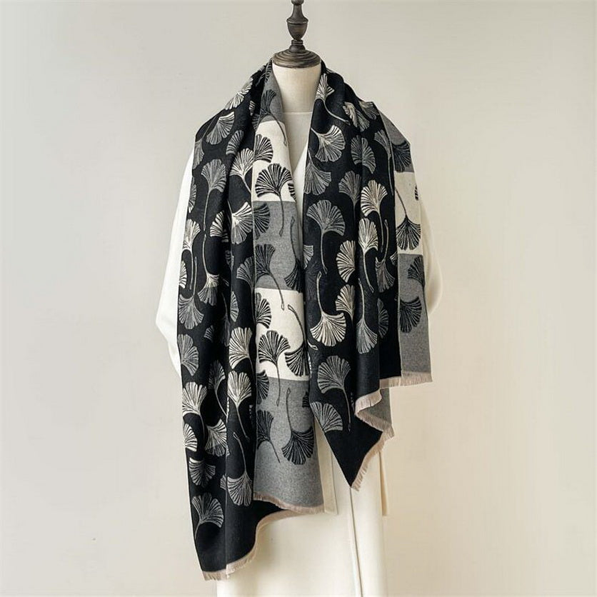 Cashmere Pashmina Scarf – Thick Winter Wrap for Women Ginkgo Leaf Print