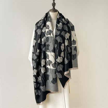 Cashmere Pashmina Scarf – Thick Winter Wrap for Women Ginkgo Leaf Print