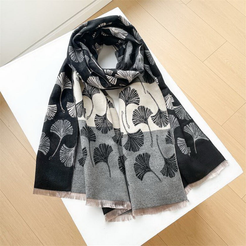 Cashmere Pashmina Scarf – Thick Winter Wrap for Women Ginkgo Leaf Print