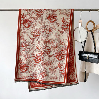 Cashmere Pashmina Scarf – Thick Winter Wrap for Women Vintage Flower Print